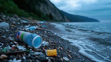 A beach is littered with trash, including a plastic bottle and a plastic cup photo