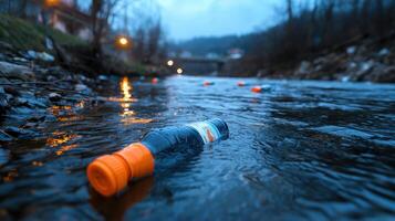 A bottle of soda is floating in a river photo