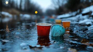 A couple of cups are floating in a body of water photo
