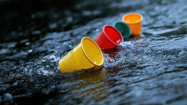 A row of plastic cups are floating in a body of water photo