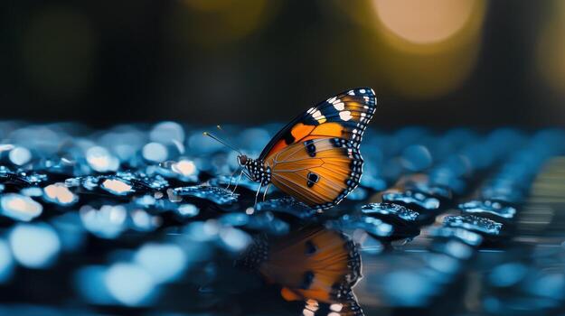 A butterfly is sitting on a wet surface photo