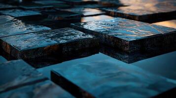 The image is a close up of a black square with water on it photo