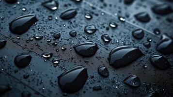 The image is of a black surface with many drops of water on it photo