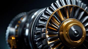 A close up of a machine with a gold and black design photo
