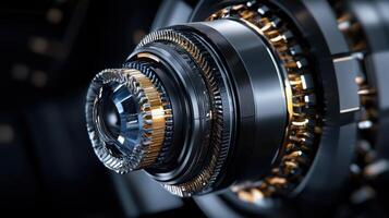 A close up of a machine with gears and a lens photo