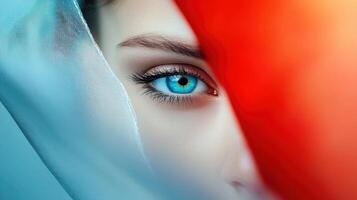 A woman with blue eyes and a red and white flag photo