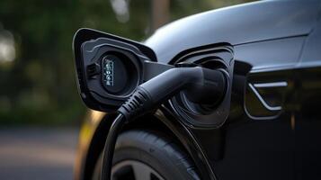 A black car is plugged into a charging station photo