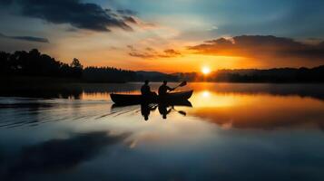 A man and a woman are paddling a canoe on a lake at sunset photo