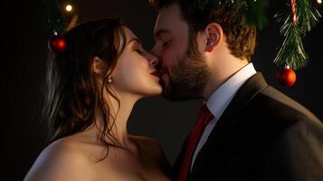 A man and woman kissing under a Christmas tree photo