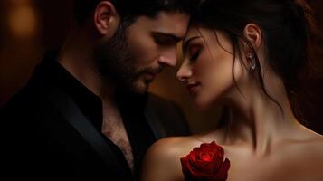A man and a woman are embracing each other while holding a red rose photo