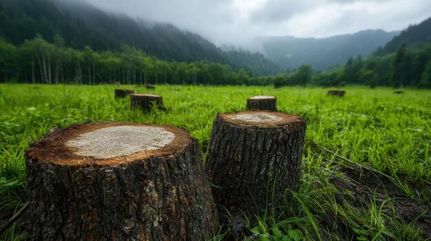 A field of trees with a few of them cut down photo