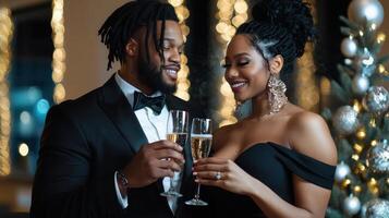 A man and a woman are holding glasses of champagne and smiling at the camera photo