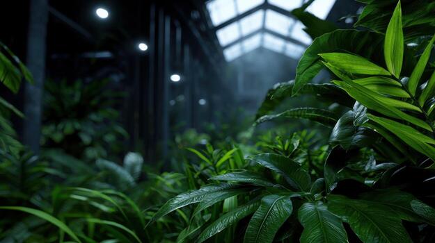 A lush green forest with a lot of foliage and a few trees photo