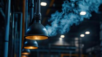 A room with four light fixtures, one of which is emitting smoke photo