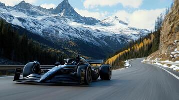 A black race car is driving down a snowy mountain road photo
