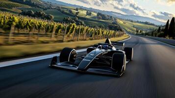 A racing car driving down a road with vineyards in the background photo