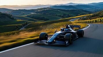 A black race car is driving down a winding road through a field of grapes photo
