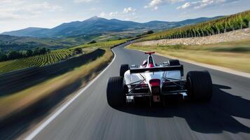 A race car is speeding down a track with a mountain in the background photo
