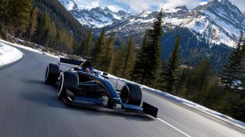 A black race car is speeding down a snowy mountain road photo