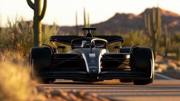 A black race car is driving down a desert road photo