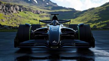 A black race car is shown in a racing scene photo