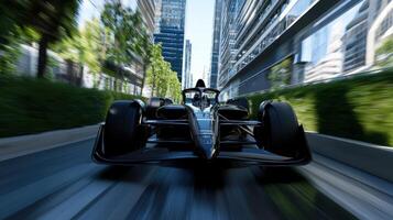 A black race car is speeding down a road in a city photo