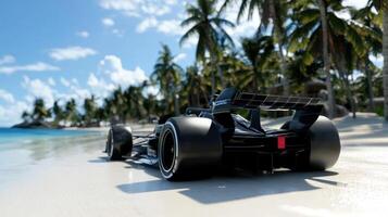 A racing car on the beach with palm trees photo