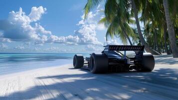 A black race car is driving on a beach photo