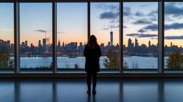 A woman stands in front of a window looking out at the city photo