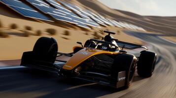 A racing car driving on a desert road photo