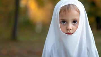 A young child wearing a white scarf is looking at the camera photo