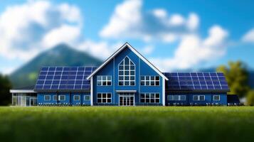 A blue building with a green roof and a blue sky in the background photo