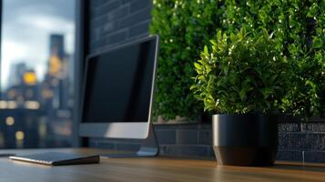 A computer monitor sits on a desk next to a potted plant photo