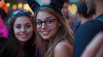 A girl with a cat ears headband and glasses is smiling at the camera photo