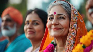 A woman wearing a colorful Indian dress is smiling at the camera photo