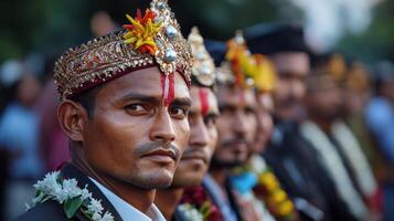A man wearing a crown stands in front of a group of men photo