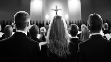 A group of people are standing in a church, with a woman in the middle of them photo