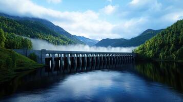 A dam on a river with trees and mountains in the background photo