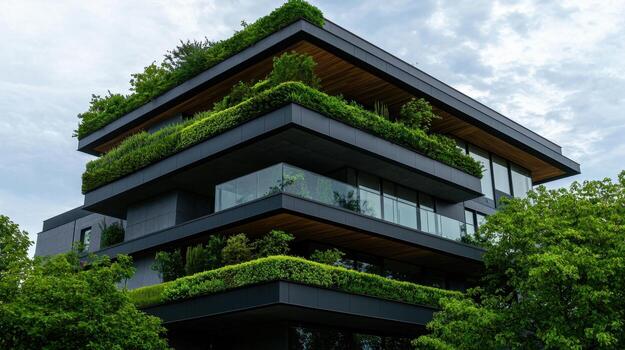 A tall building with a green roof and a balcony photo