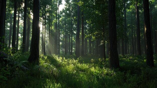A forest with trees and grass photo