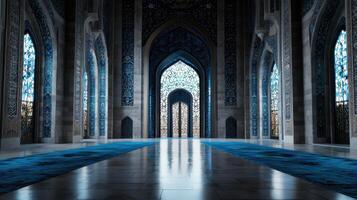 A large, empty room with blue walls and a blue carpet photo