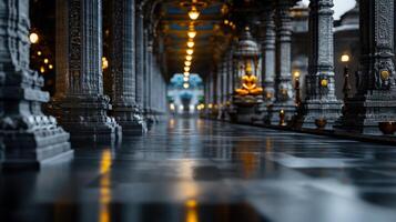 A long hallway with pillars and a statue of Buddha in the middle photo