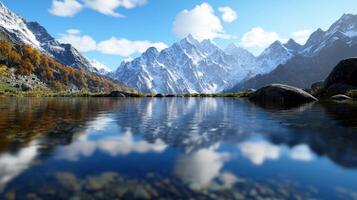 A mountain range is reflected in a lake photo