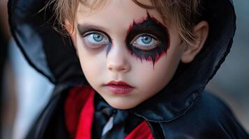 A young child with red and black face paint and a black cape photo
