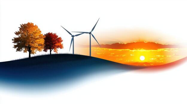 A wind turbine is shown in the foreground of a landscape with trees photo