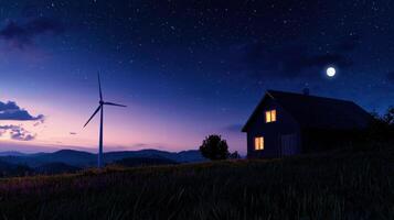 A windmill is on a hill next to a house photo
