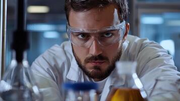 A man in a lab coat is wearing safety goggles and looking at a beaker photo