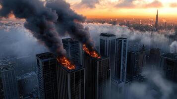 A city skyline is on fire with smoke billowing into the sky photo