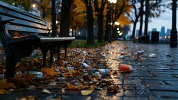 A bench is covered in leaves and trash photo