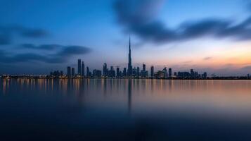 The skyline of dubai is reflected in the water photo